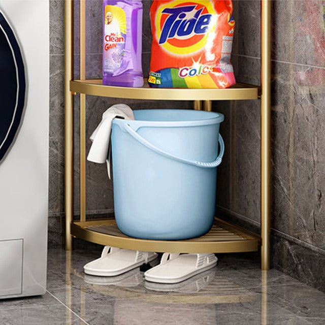 5-Tier Corner Storage Rack With Laundry Items.