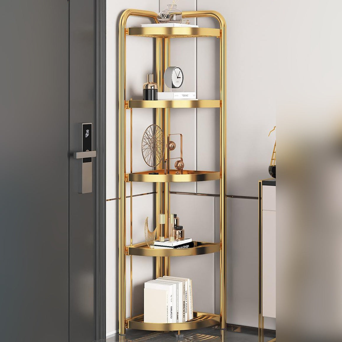 5-Tier Corner Storage Rack With Decor Items.