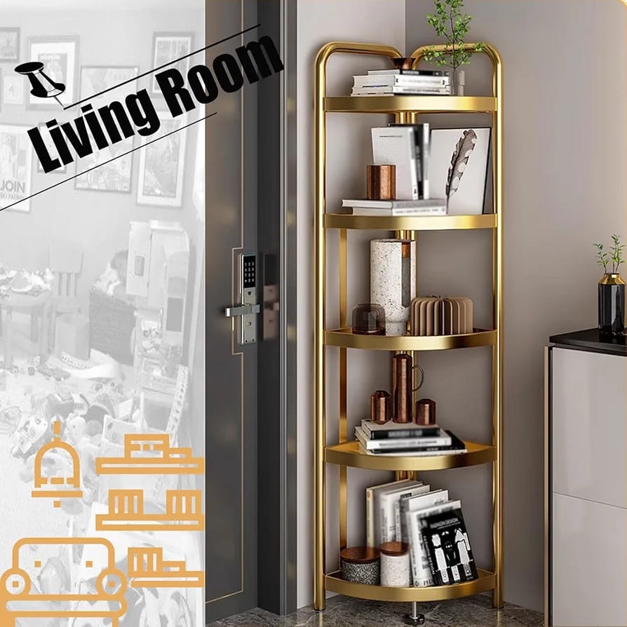 5-Tier Corner Storage Rack is PlacedOn the Coner Of Living Room.