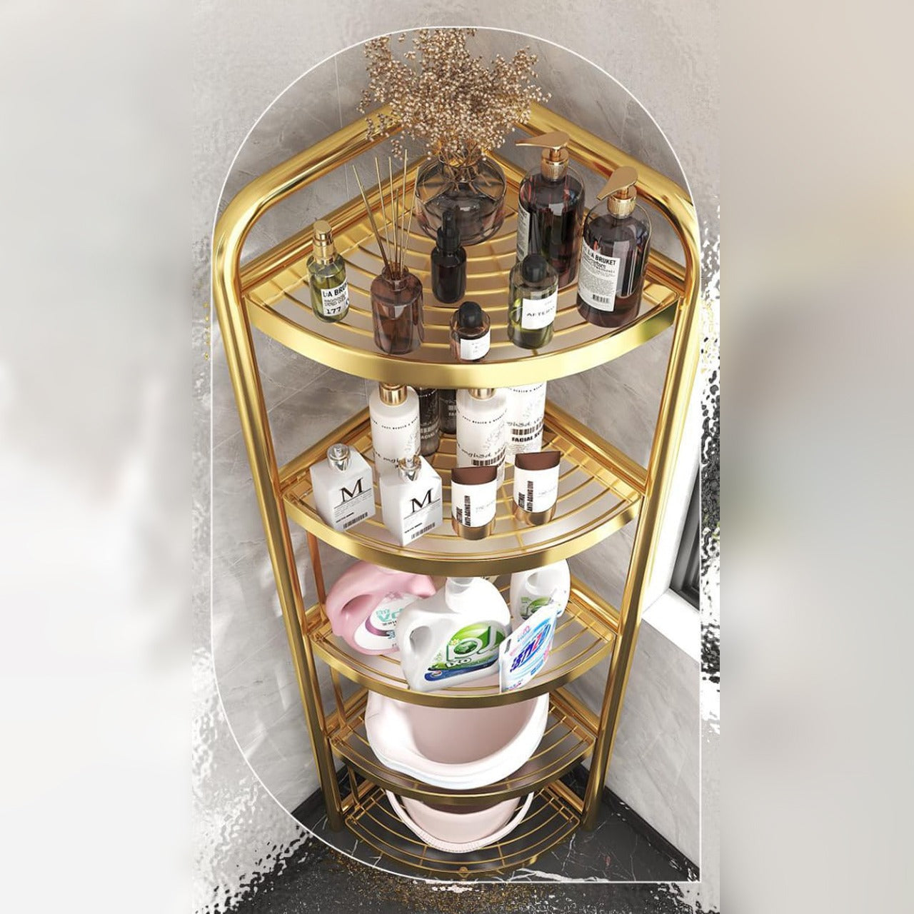 5-Tier Corner Storage Rack is Placed On the Corner of the Bathroom with Laundry Items.