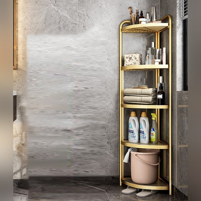 5-Tier Corner Storage Rack With Laundry Items.