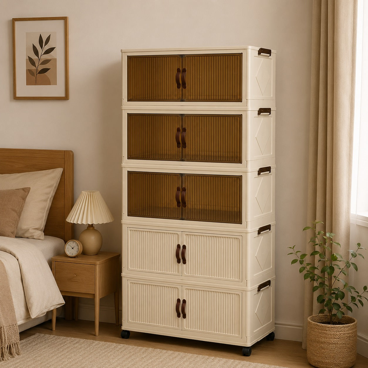 5-Tier Foldable Storage Cabinet with glass panels in a bedroom setting