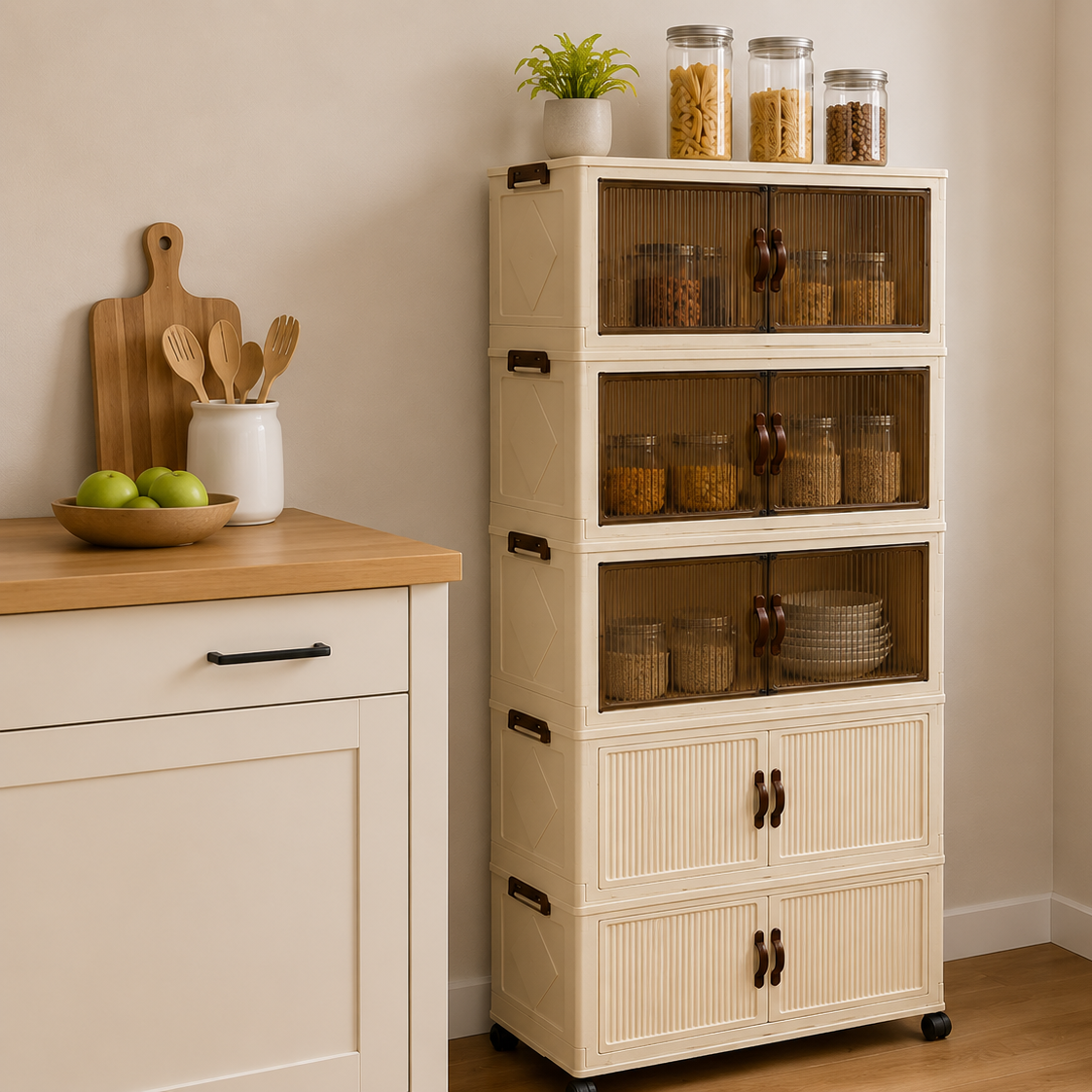 5-Tier Foldable Storage Cabinet with shelves and cabinets in a kitchen setting