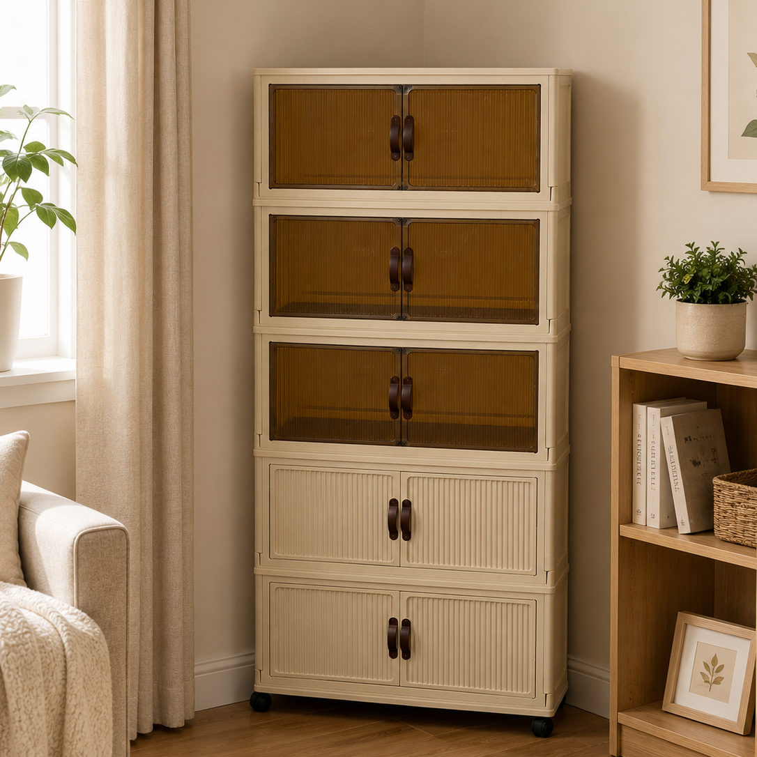 5-Tier Foldable Storage Cabinet with glass doors in a room with a couch and plants.