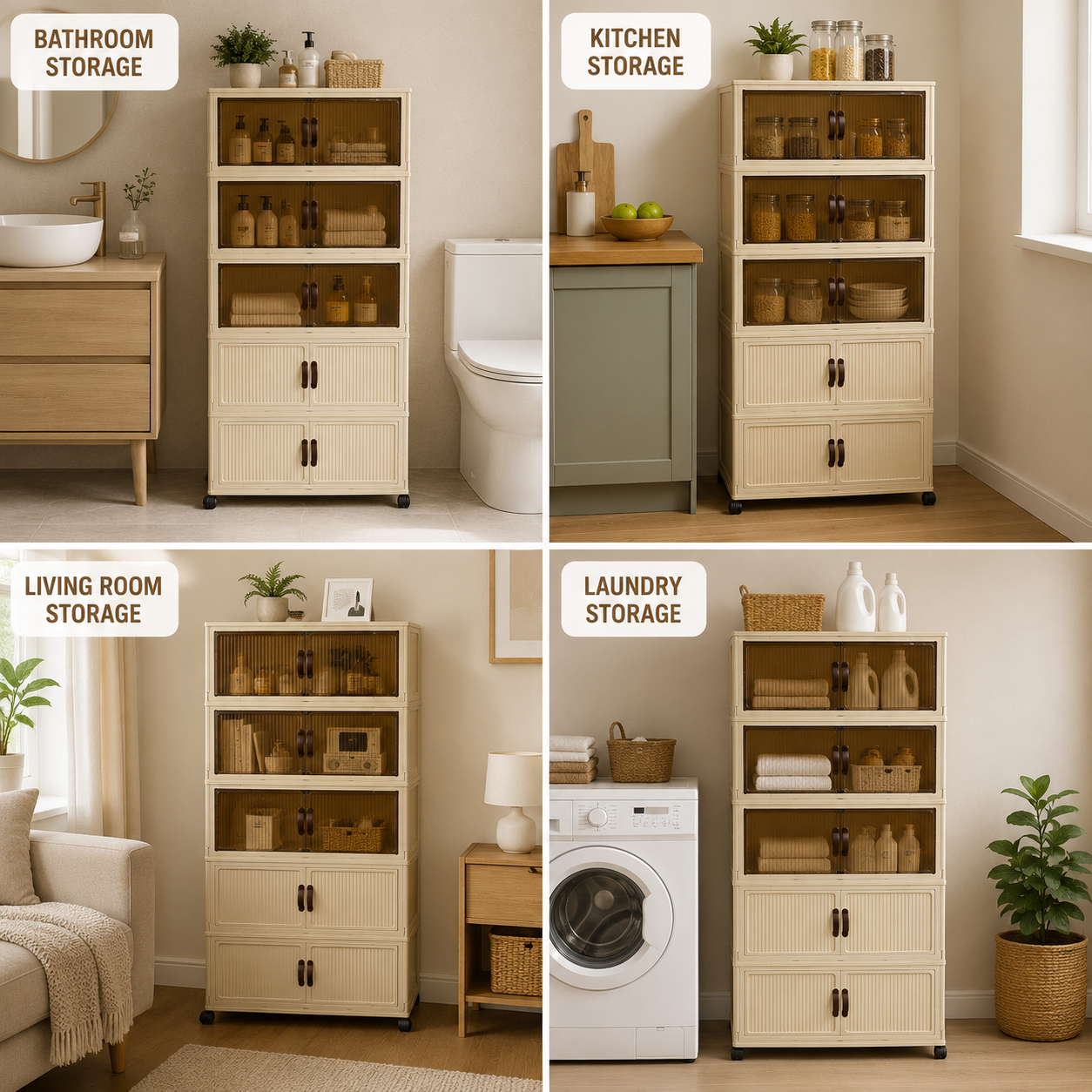 Collage of a 5-Tier Foldable Storage Cabinet in different rooms including a bathroom, kitchen, living room, and laundry room.