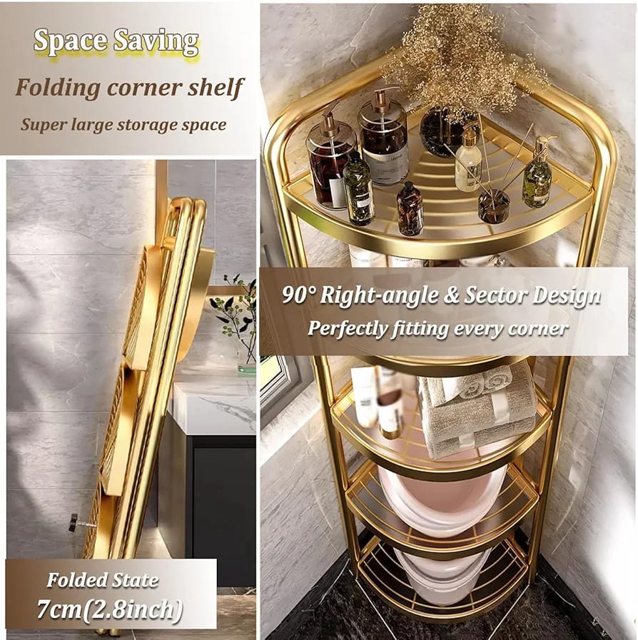 5- Tier Corner Storage Rack With Laundry Items.