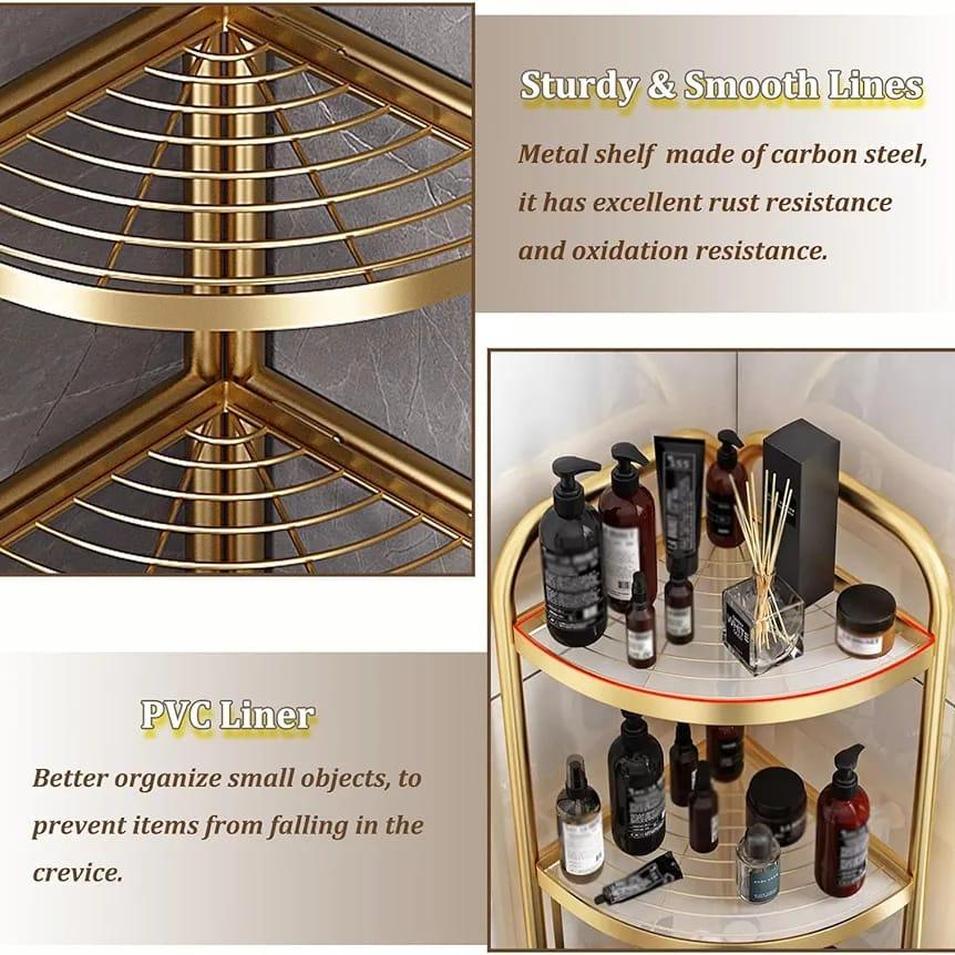 Features Of 5- Tier Corner Storage Rack Stored With Shower Items.