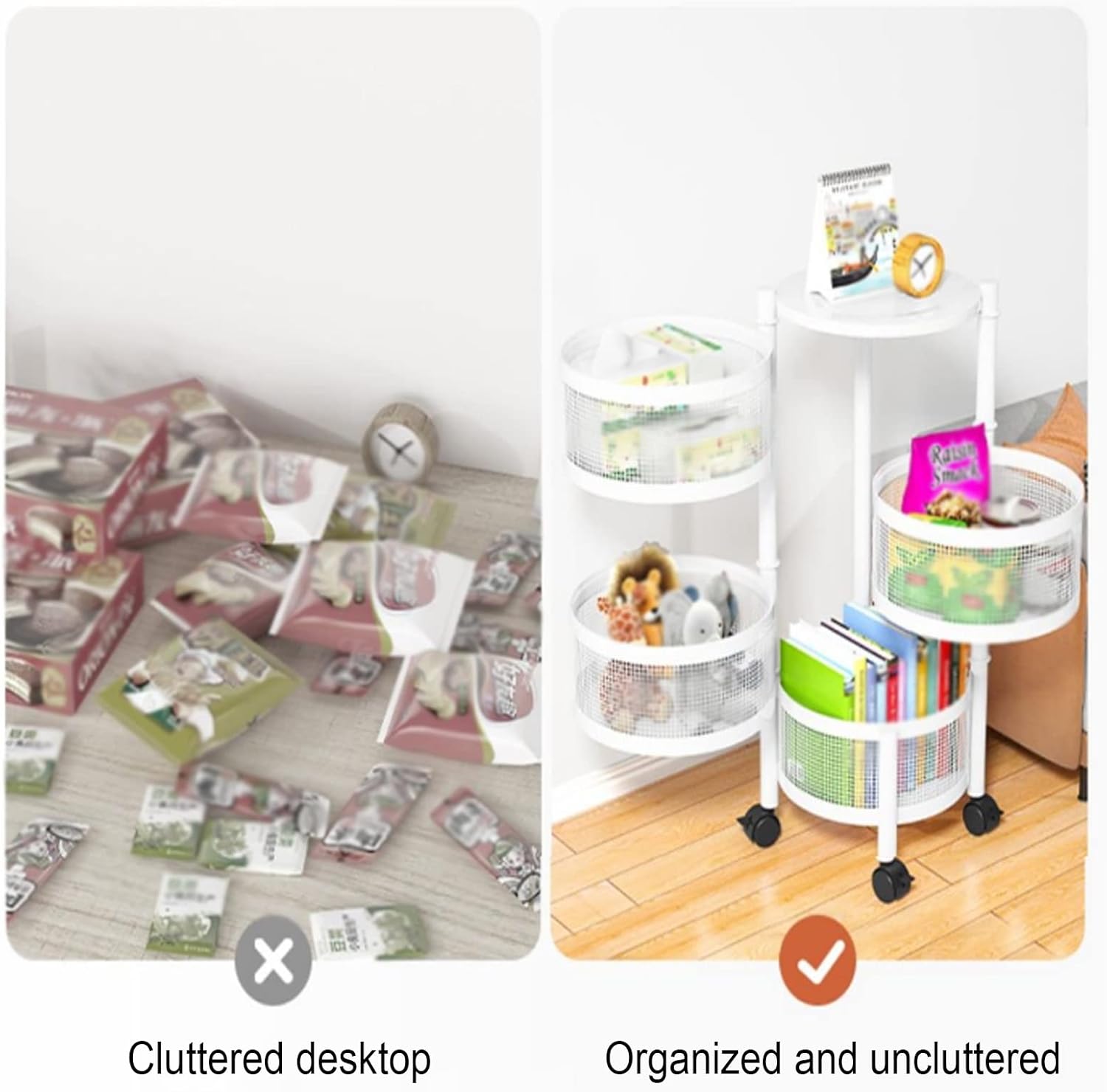 Different Things are Arranged in a 5- Tier Rotating Round Basket Shelf Rack.