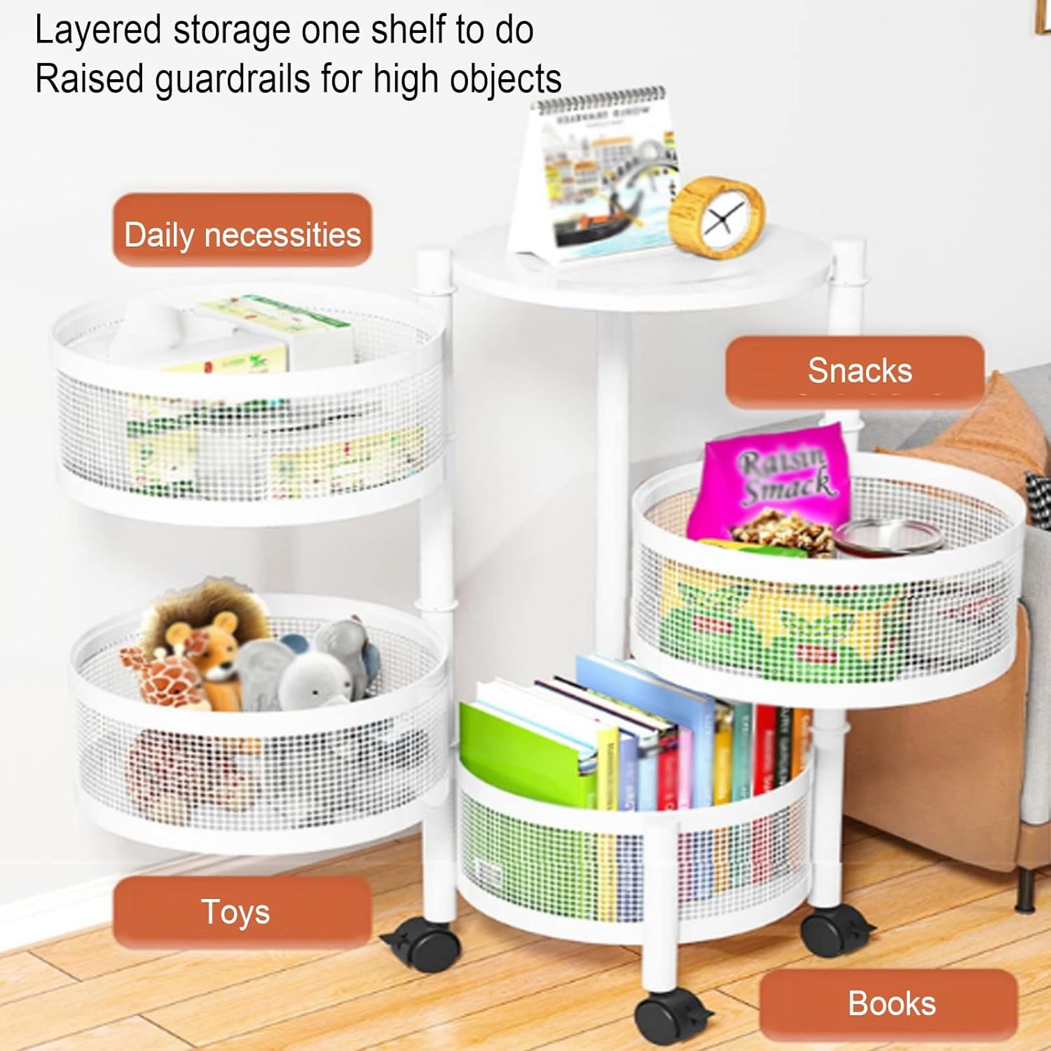 Different Objects are Organized in a 5- Tier Rotating Round Basket Shelf Rack.