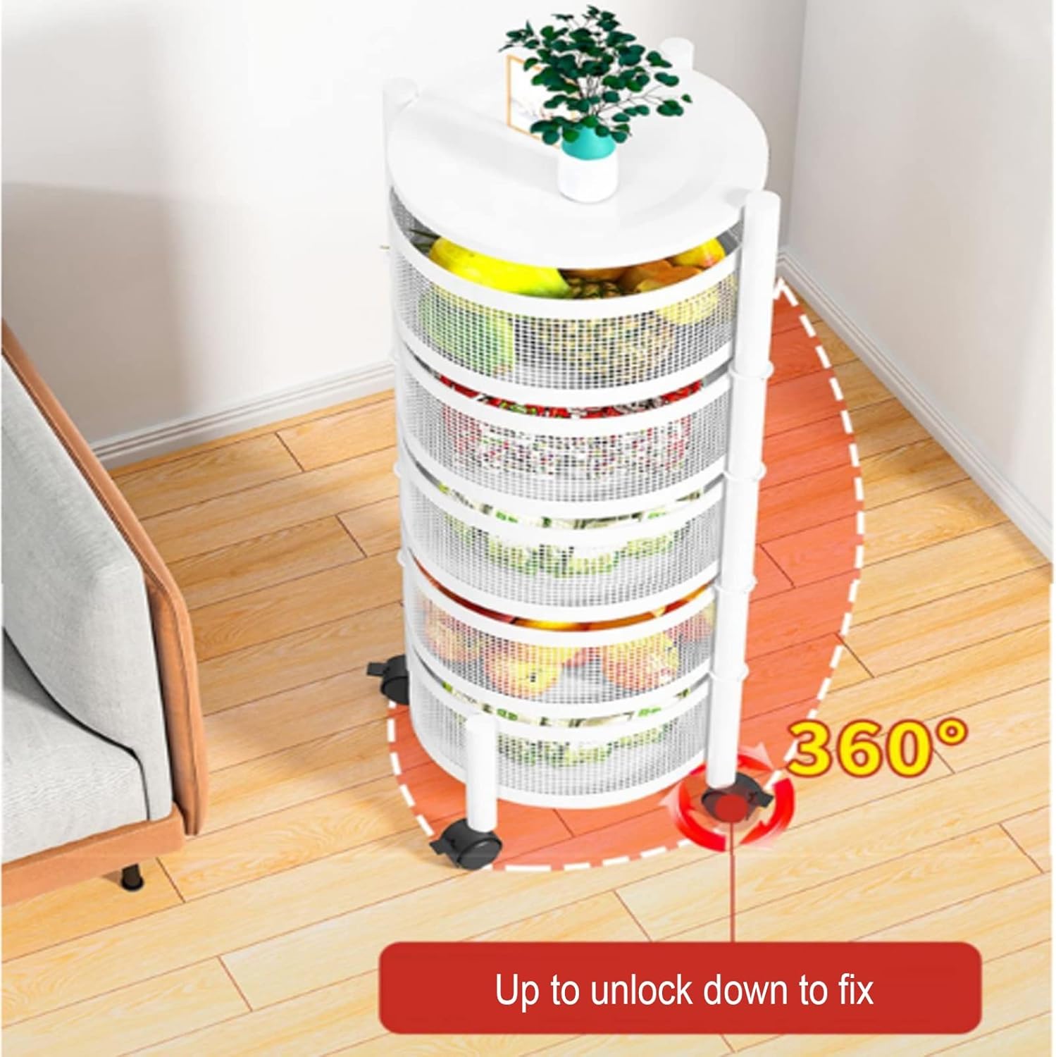 5- Tier Rotating Round Basket Shelf Rack Organized with Fruits and Vegetables.