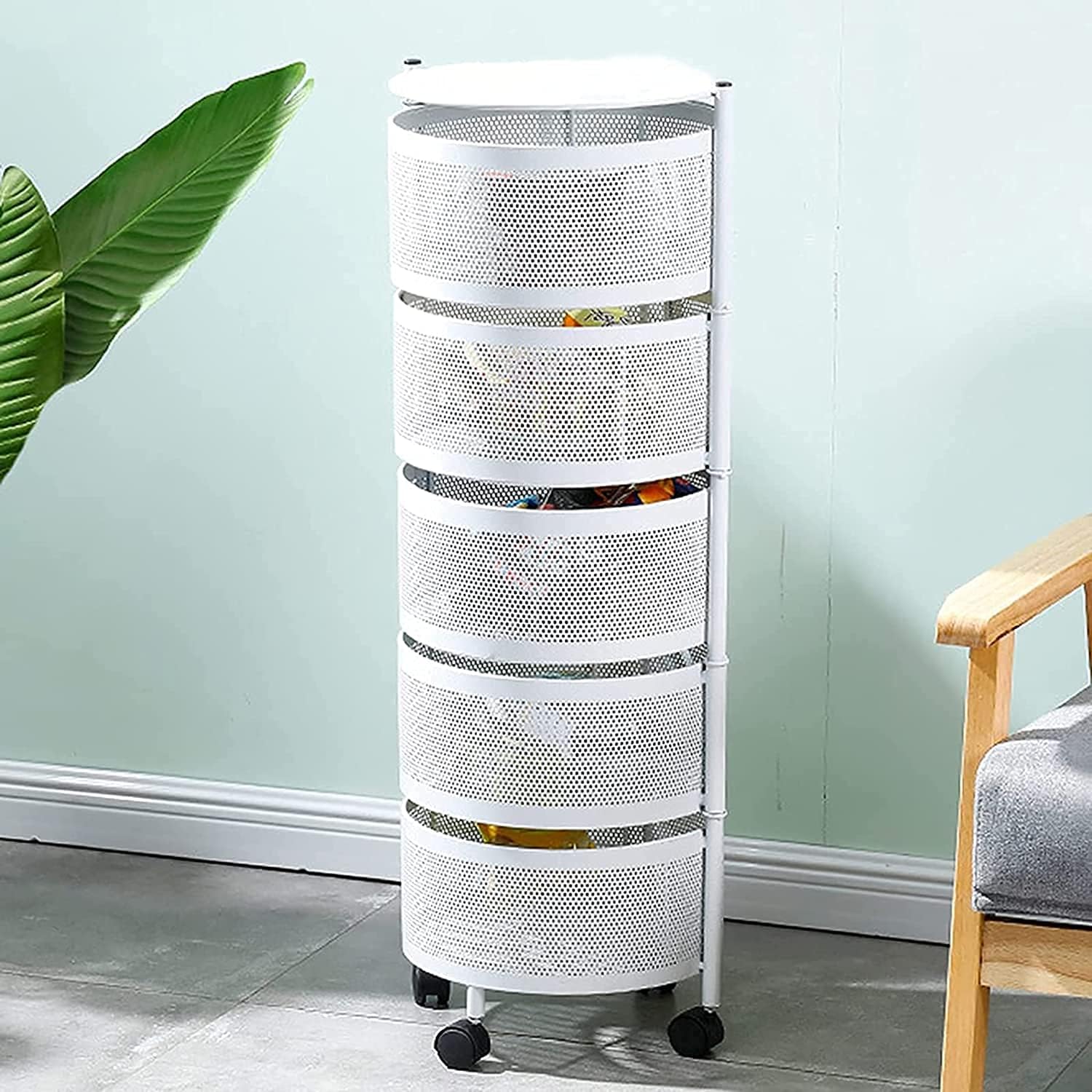 A 5- Tier Rotating Round Basket Shelf Rack.