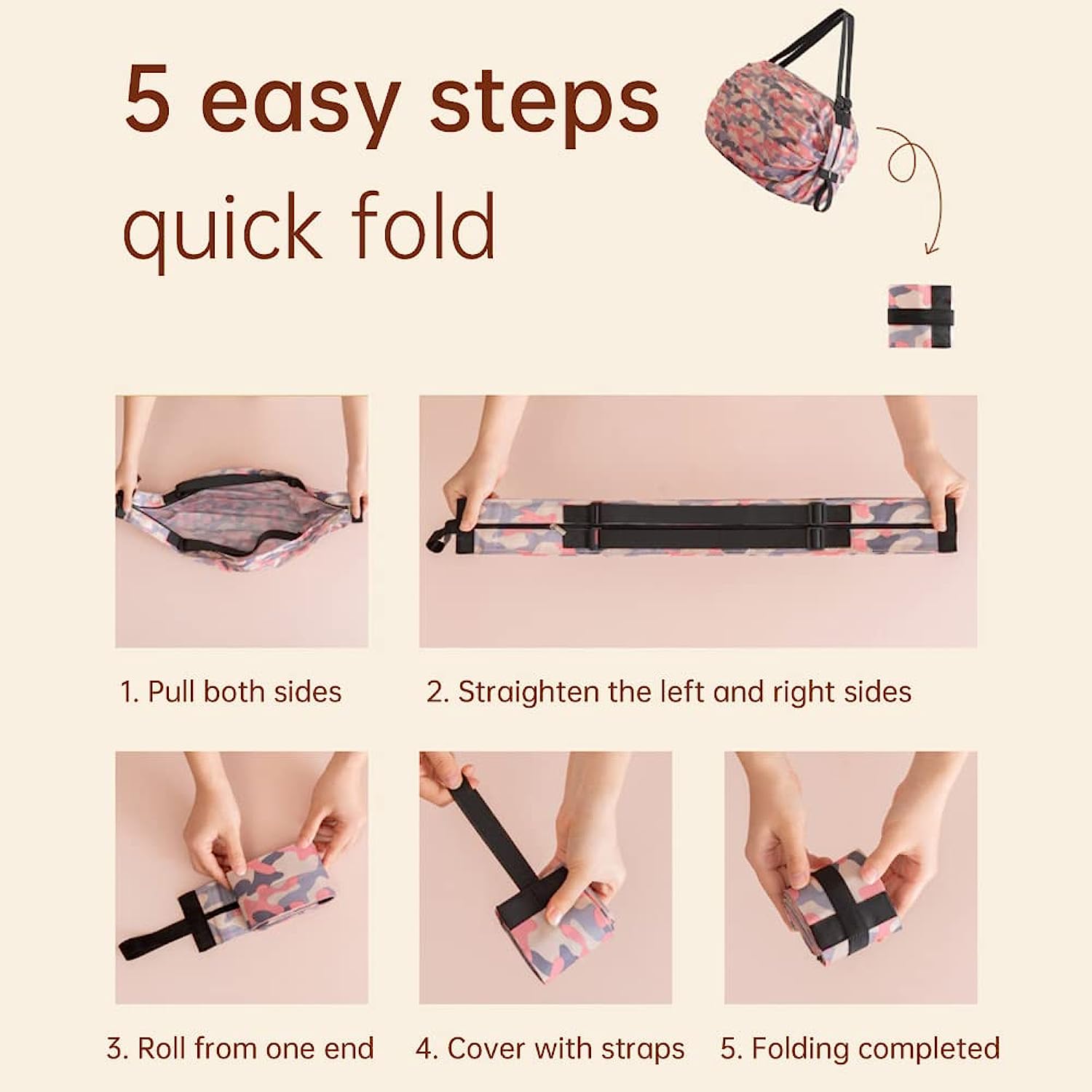 Visual instruction to fold Reusable Foldable Shopping Bag