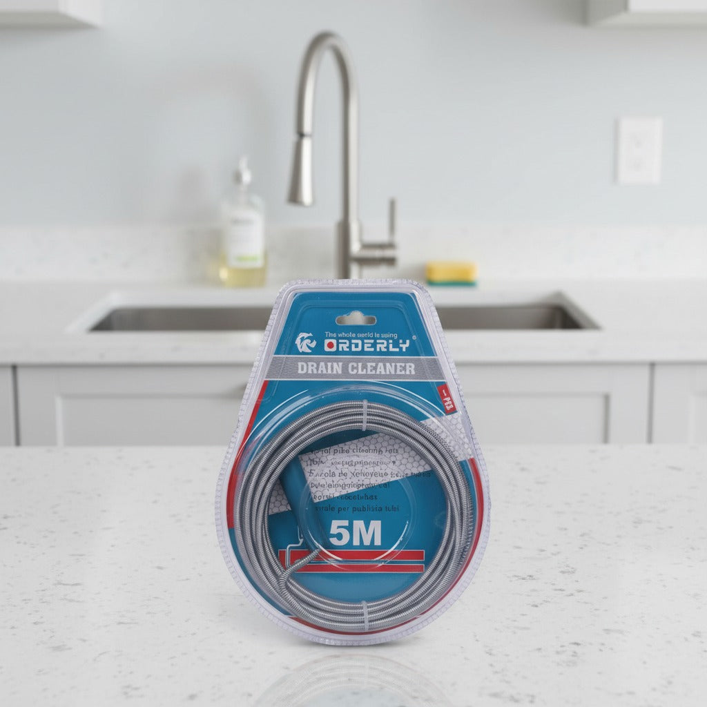 5M Drain Cleaner Spiral Tool Kept on a Kitchen Countertop.