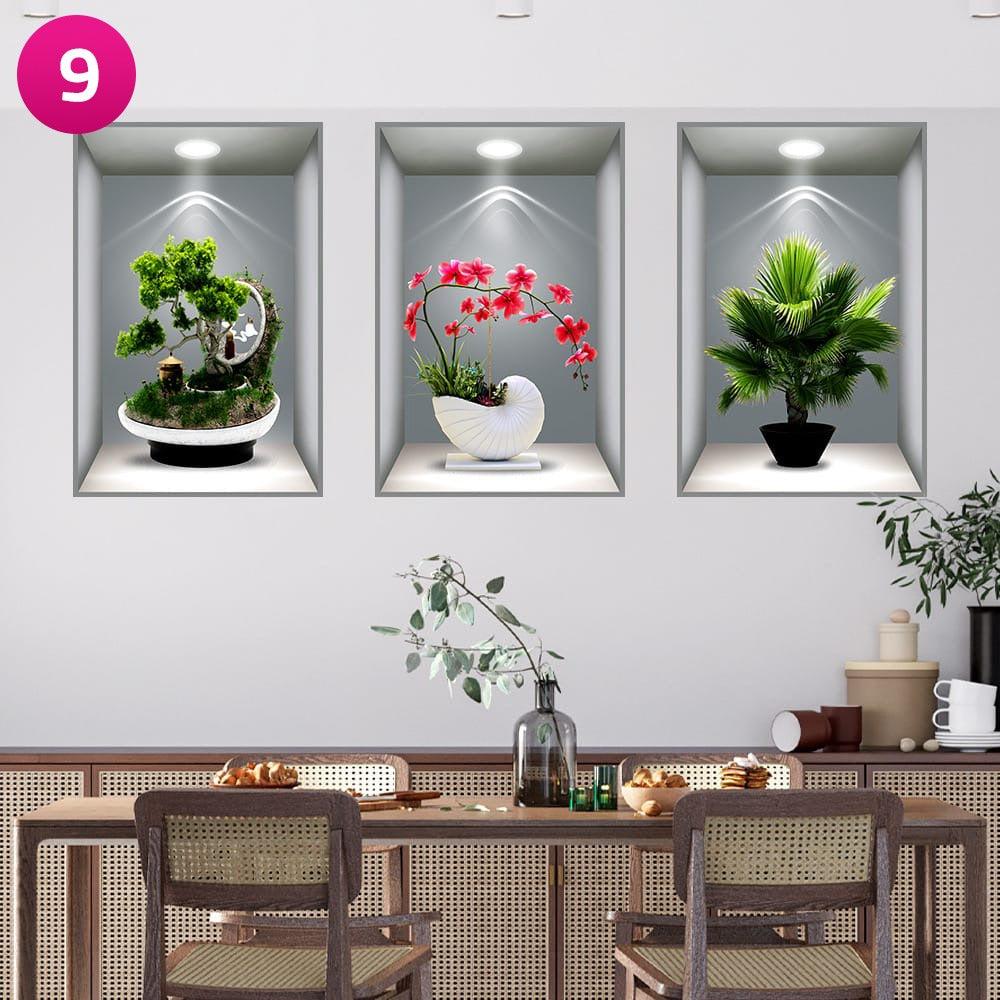3D Effect Potted Triptych Posters, Decorative Wall Plant Stickers