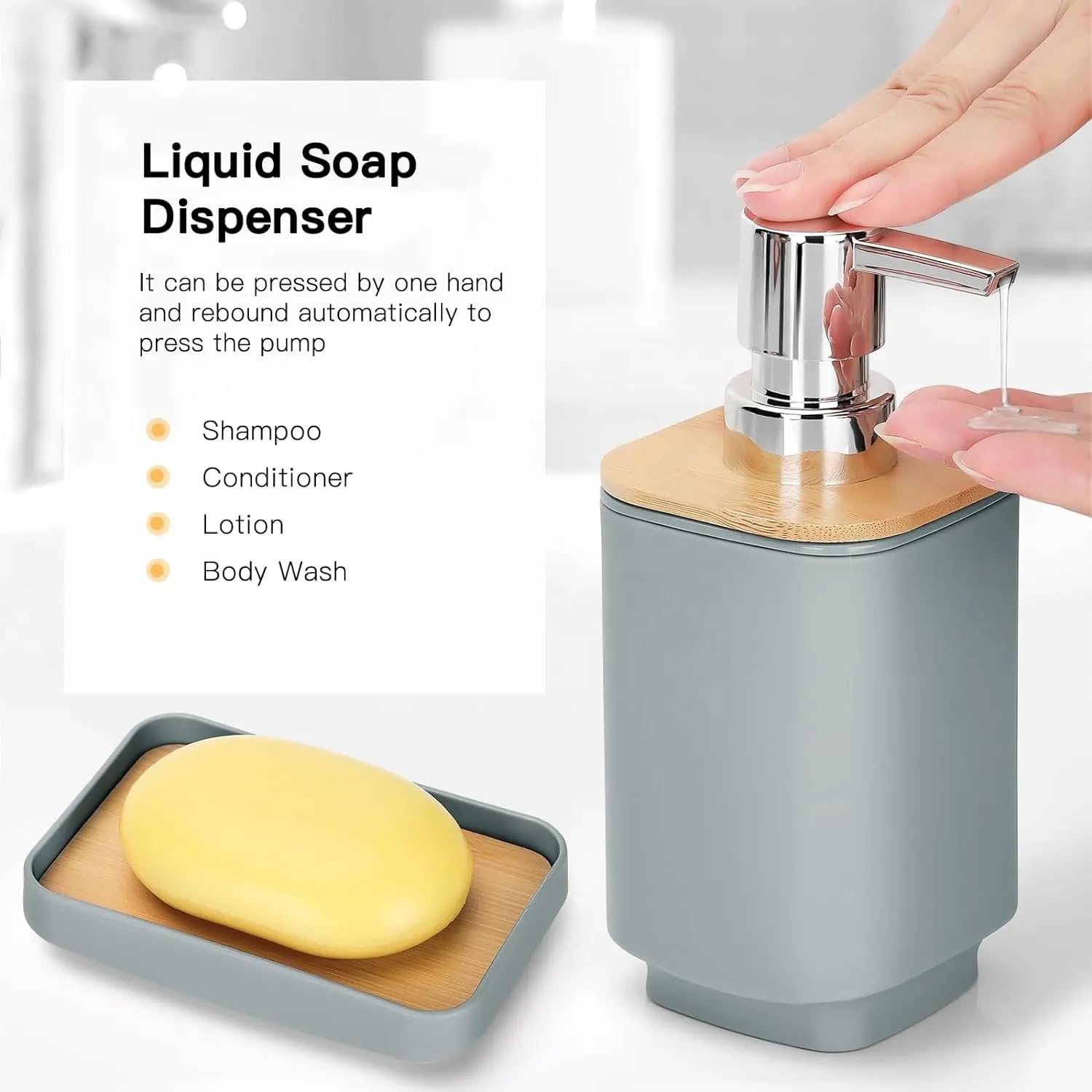 A Person is Taking Soap From Liquid Soap Dispenser Of 6-Pcs Bathroom Accessories Set.