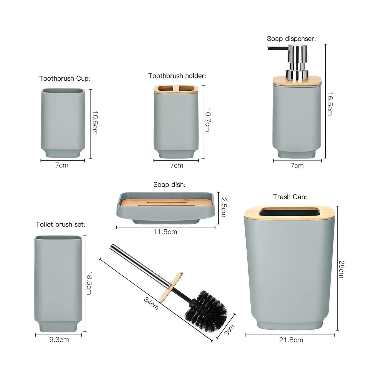 Sizes Of 6-Pcs Bathroom Accessories Set.