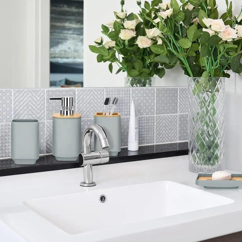 Accessories from 6-Pcs Bathroom Accessories Set is Placed at Wash Area.