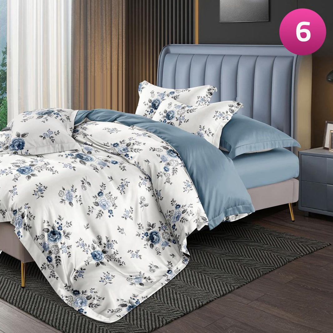 6-piece bedding set with floral comforter, fitted sheet, and pillow covers on a king bed.