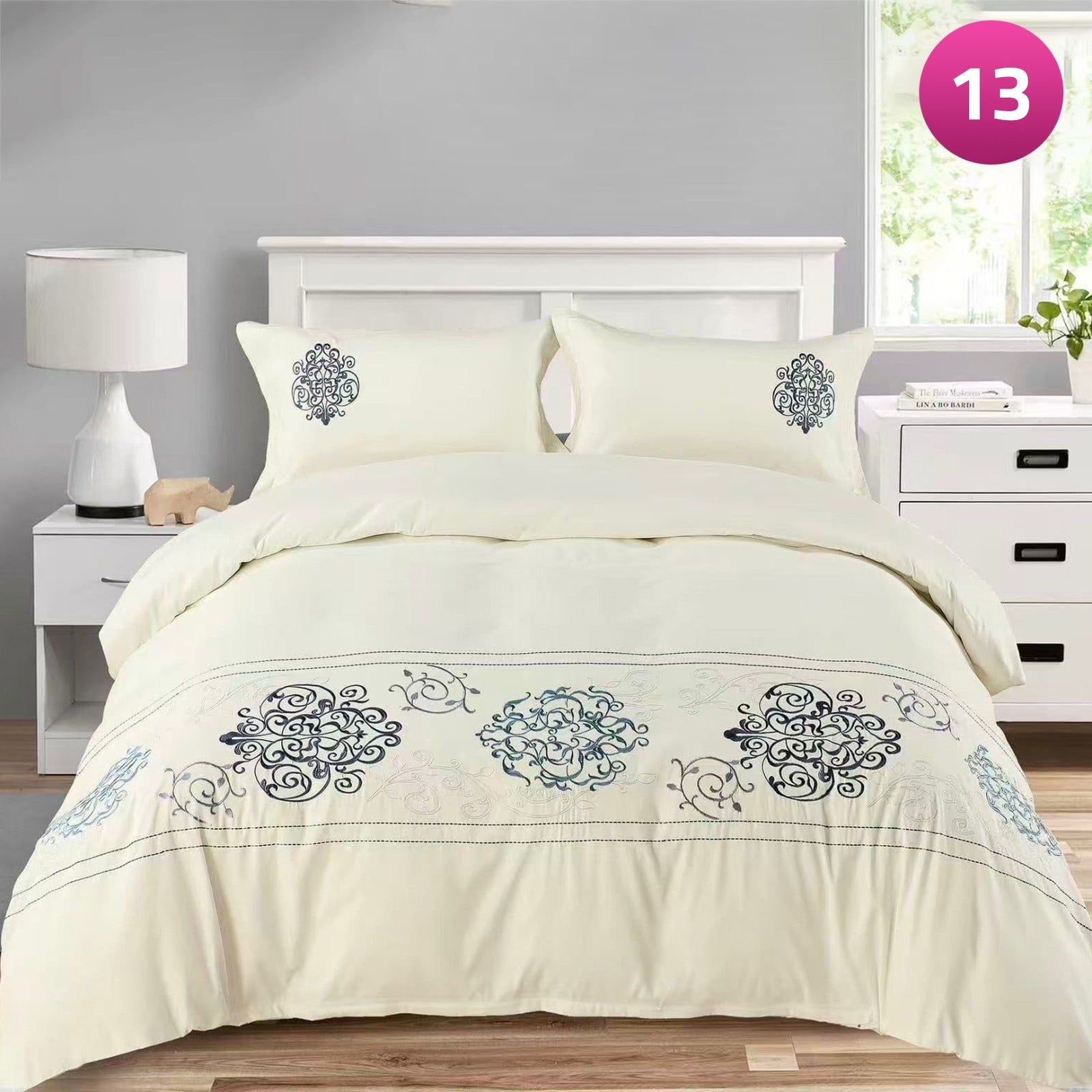 6-piece bedding set with floral comforter, fitted sheet, and pillow covers on a king bed.