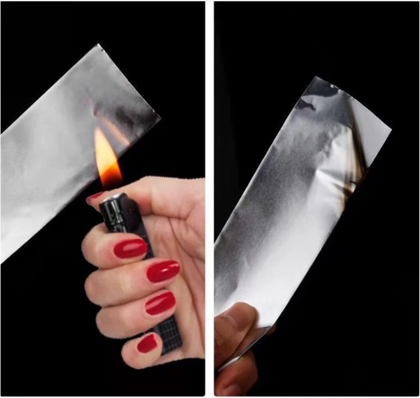 Collage image displaying a person showing the heat resistance of Leakproof Aluminum Foil Tape by lighting it