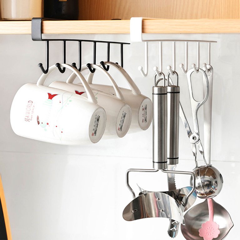 Keep your cups and spoons organized with a metal hanger rack featuring 6 hooks on a kitchen shelf
