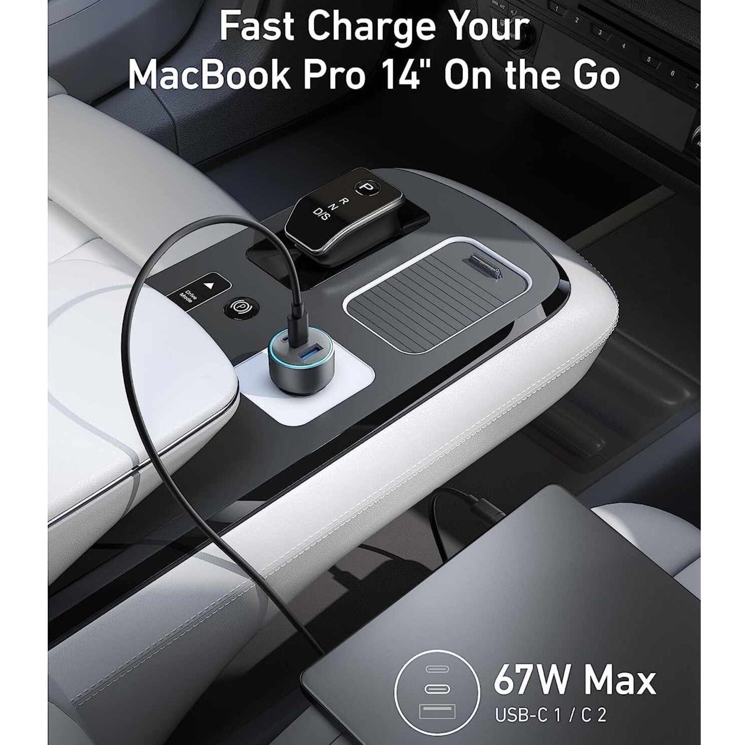 Anker 335 Car Charger 67W placed on the car next to a laptop plugged into it