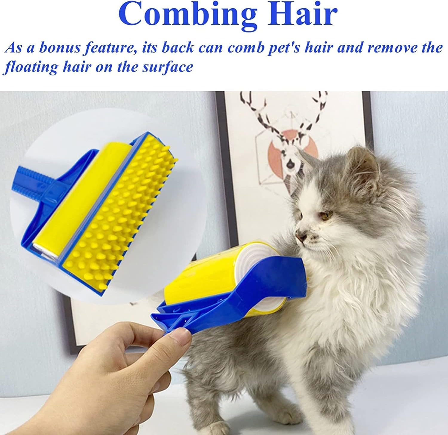 Someone rolling Sticky Buddy Reusable Sticky Picker Upper Roller on the cat