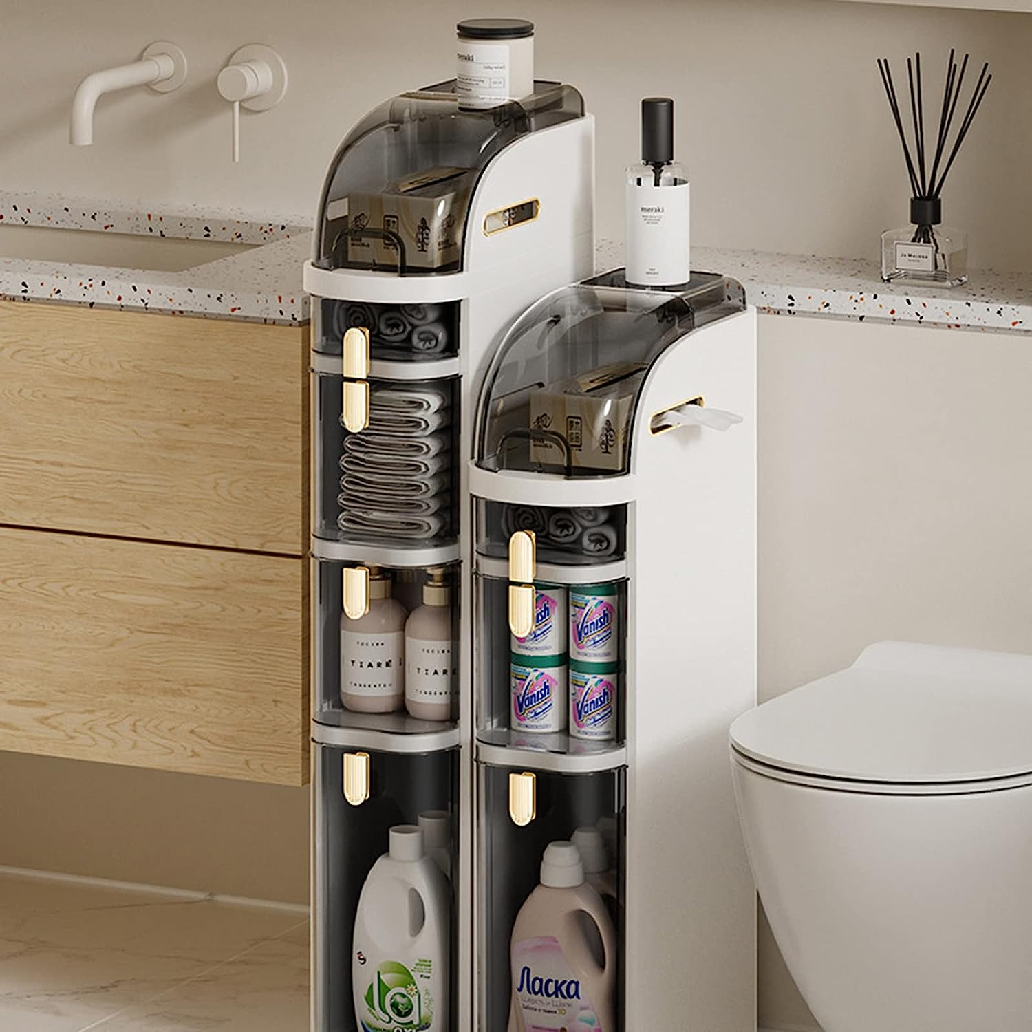 Narrow Slim Gap Tower Bathroom Floor Cabinet Organizer placed in the bathroom