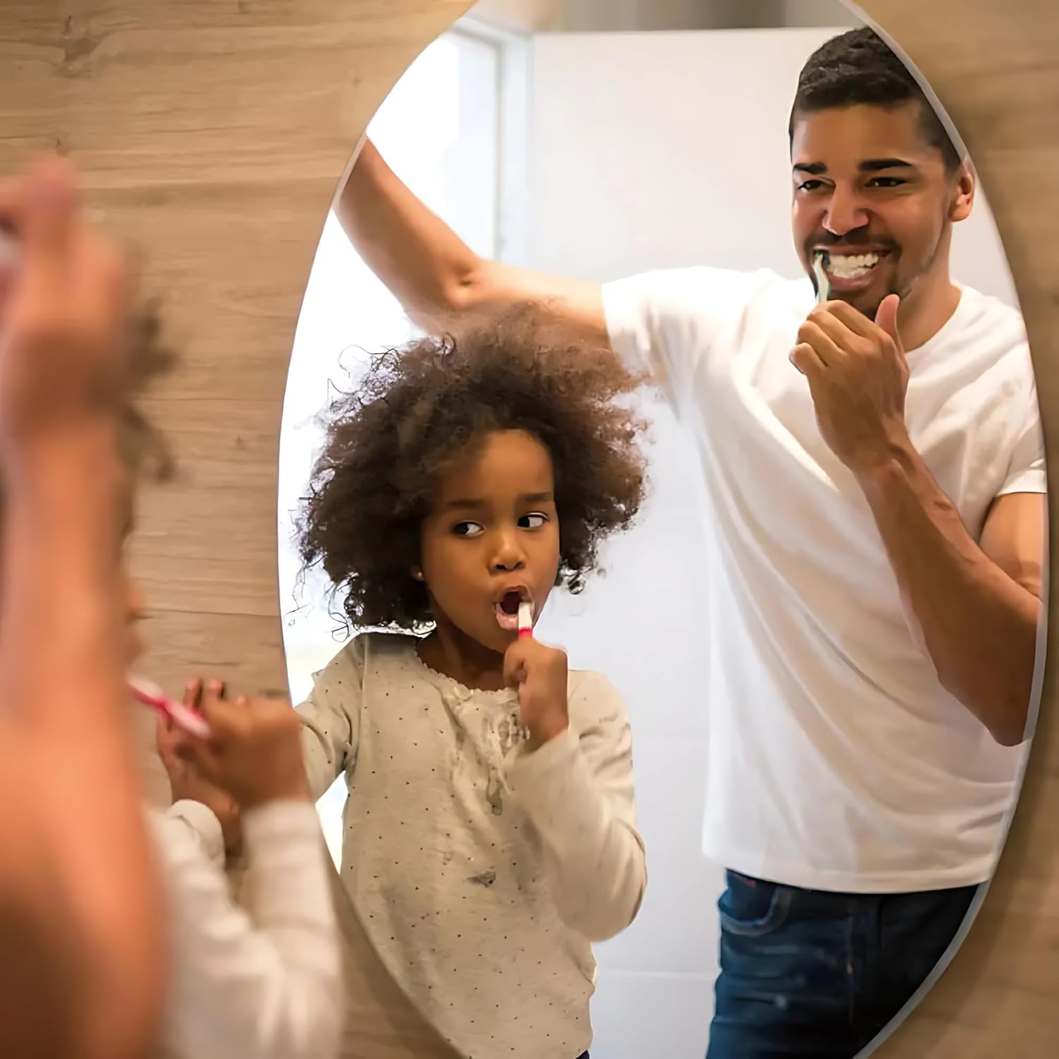 A Father and Son Uses Adhesive Mirror Wall Sticker While Brushing.