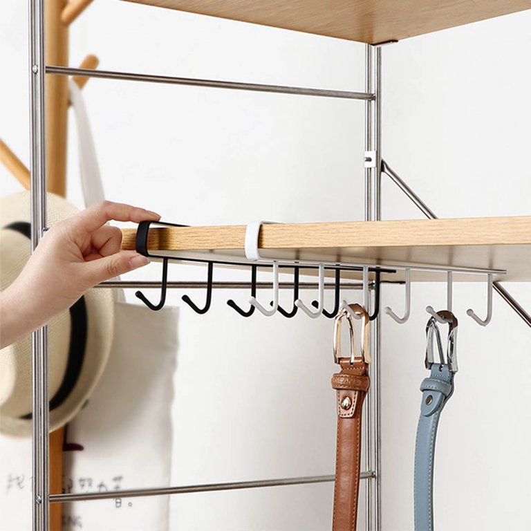 Keep your cups and spoons organized with a metal hanger rack featuring 6 hooks on a kitchen shelf