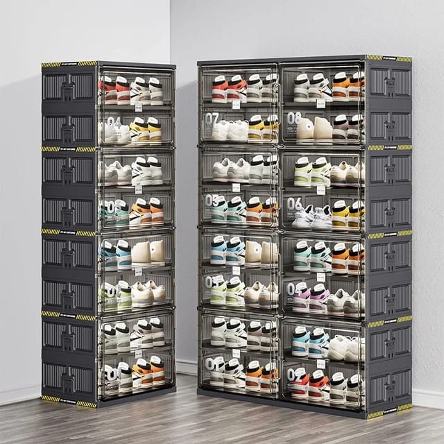 Foldable Shoe Rack Storage Cabinet With Shoes are Arranged On it.