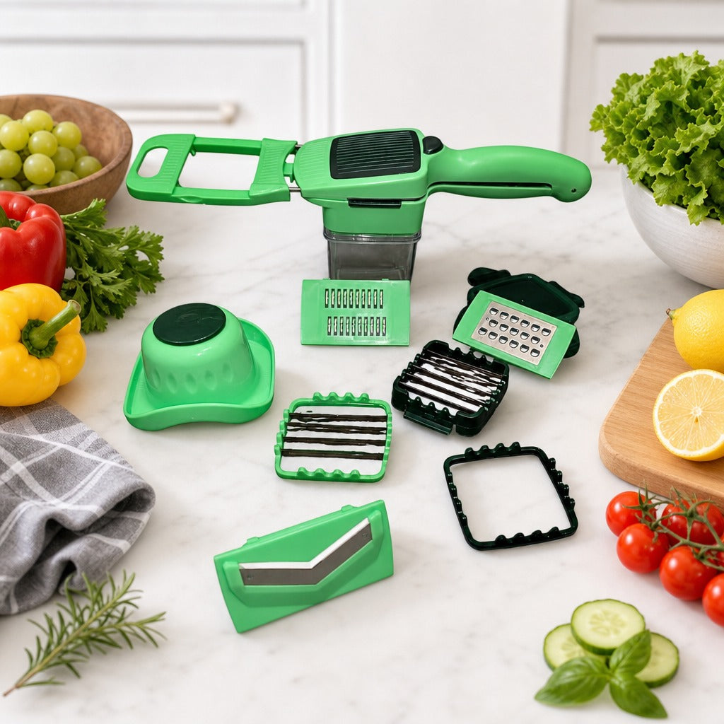 8 in 1 Vegetable Cutter Slicer Grater with various attachments on a table with vegetables