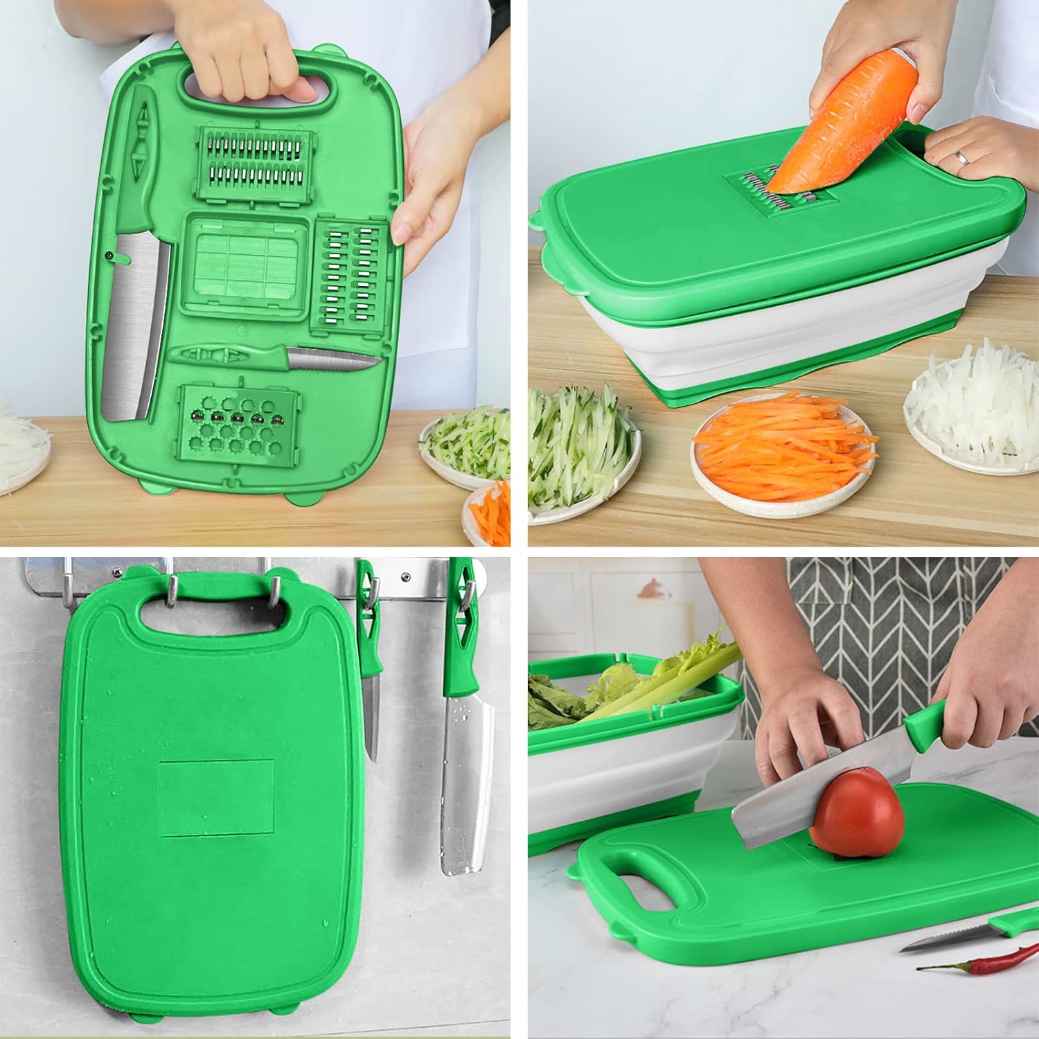 A Person is Using 9-in-1 Multifunction Cutting Board to Cut Vegetables.