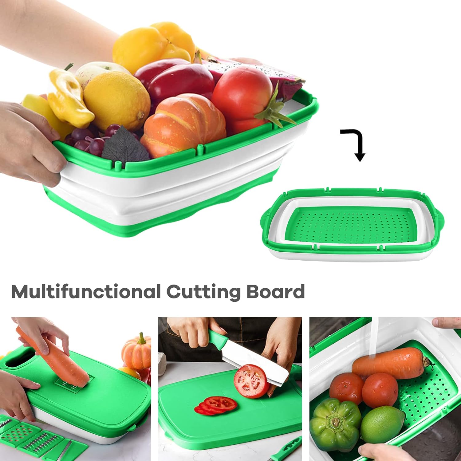 A Person is Holding 9-in-1 Multifunction Cutting Board Filled with Fruits.