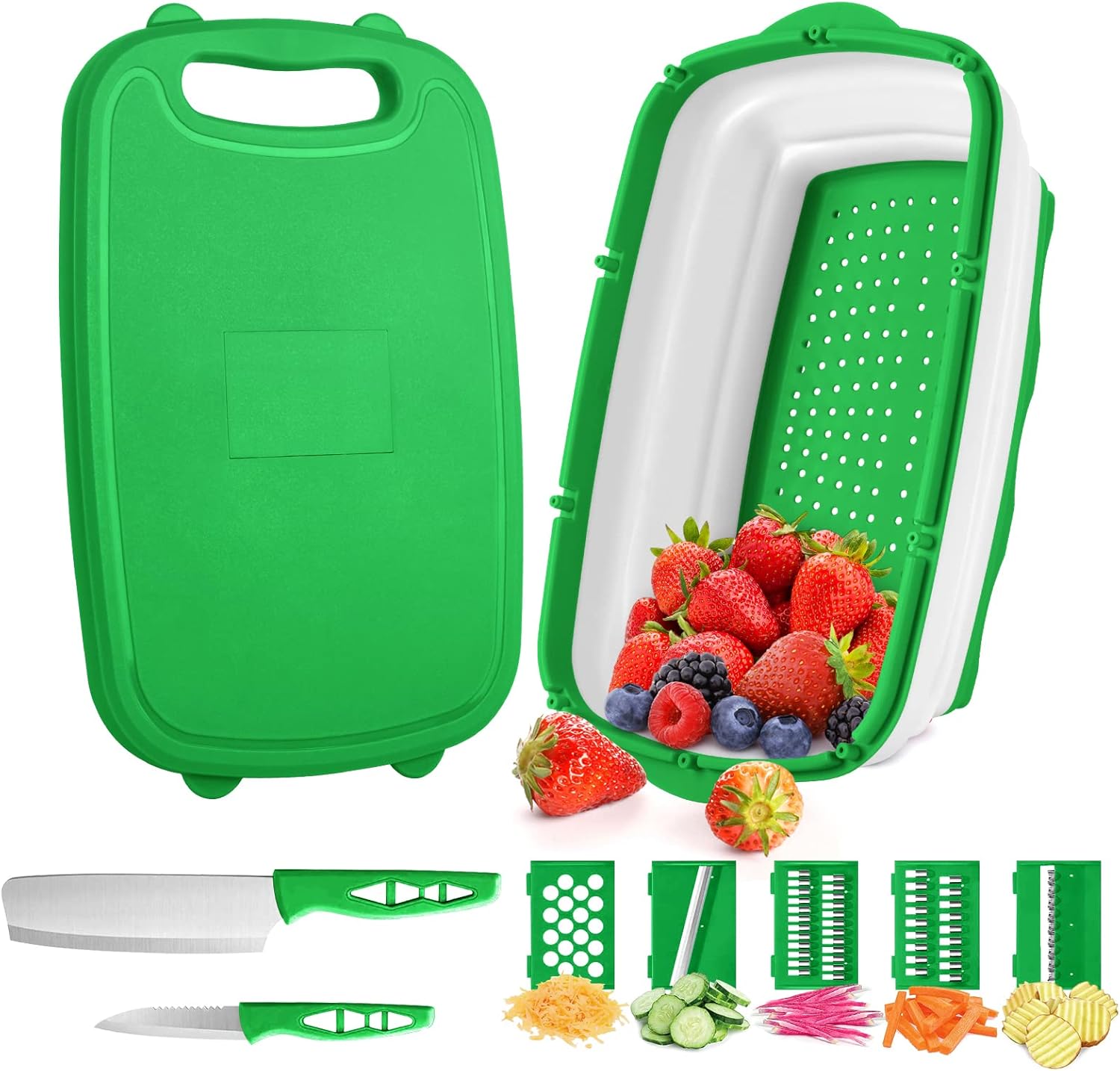 A 9-in-1 Multifunction Cutting Board Having Fruits In it.