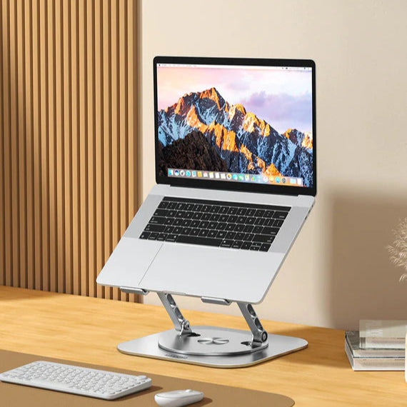 A laptop on a stand