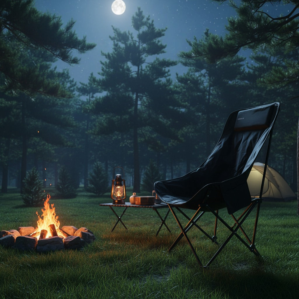 A Green Lion Ranger Foldable Camping Chair is Installed Near Camping Area.