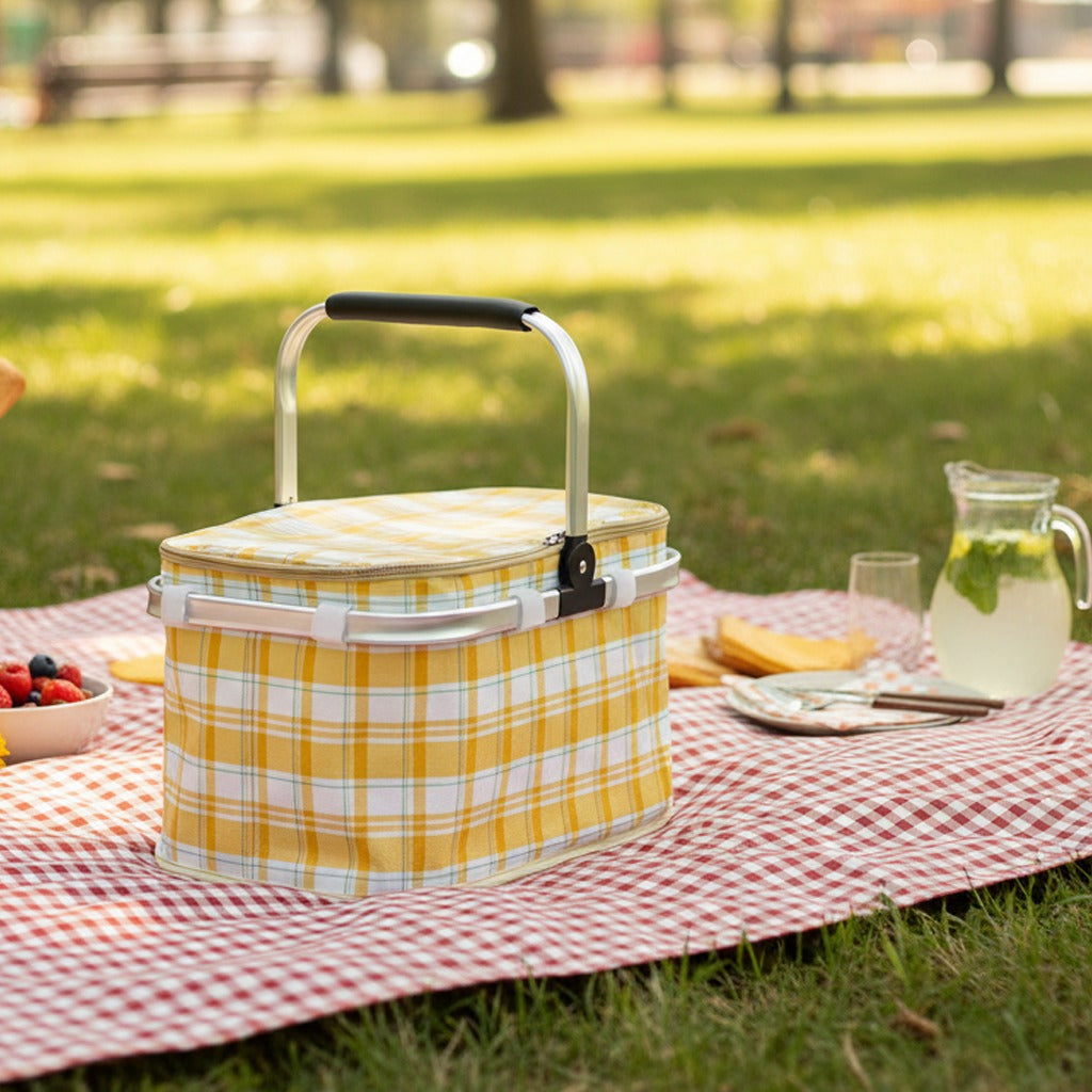 A Foldable Insulated Camping Picnic Basket is Placed in a Picnic Area.