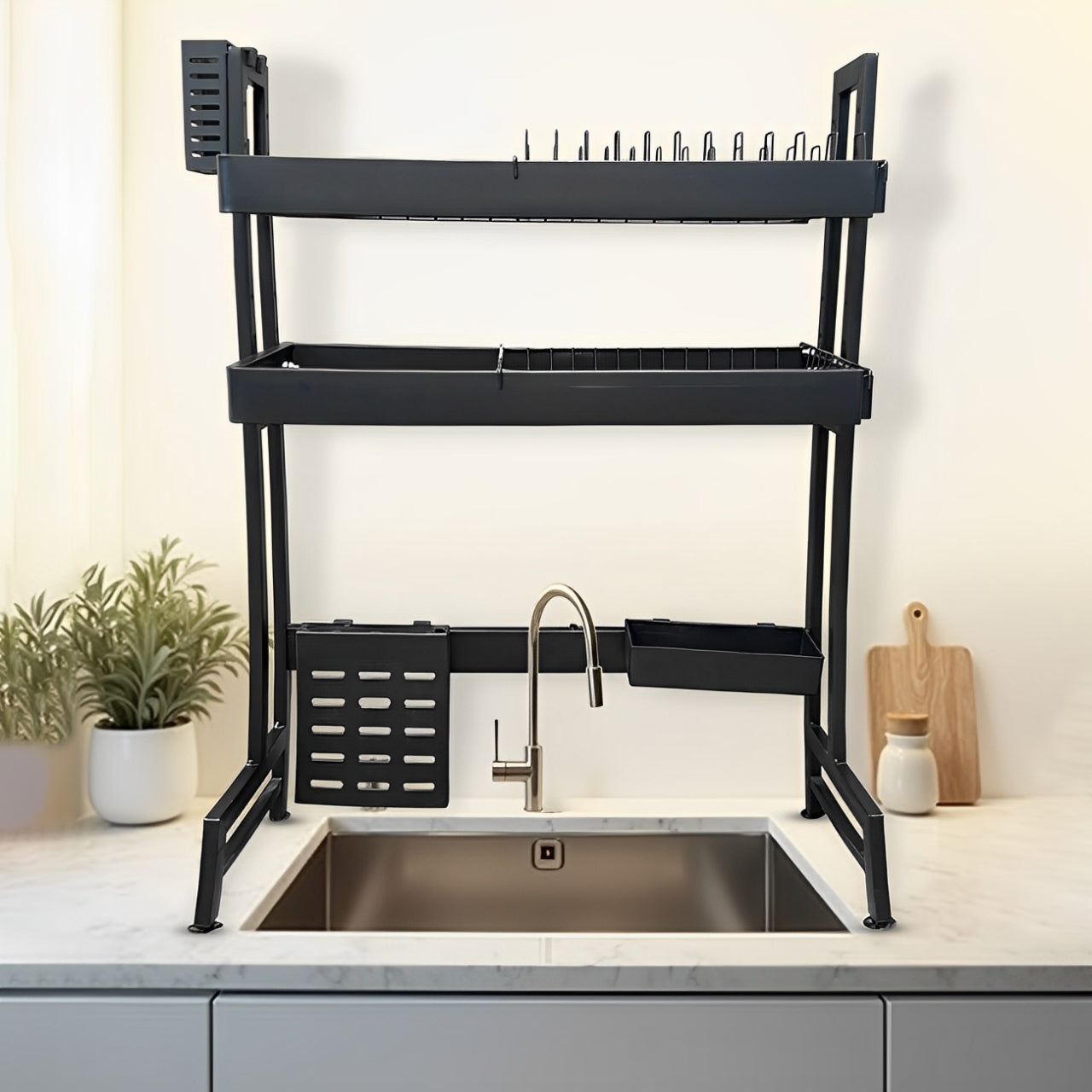 A 2 Layer Kitchen Dish Drying Rack Placed Over Kitchen Sink.