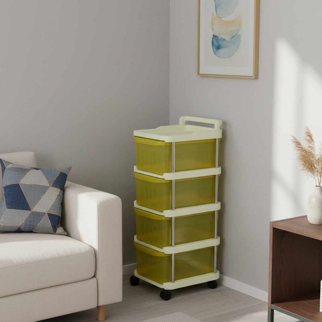 A A 4 - Tier Rolling Storage Organizer Rack is Kept On the Corner Of Living Area.