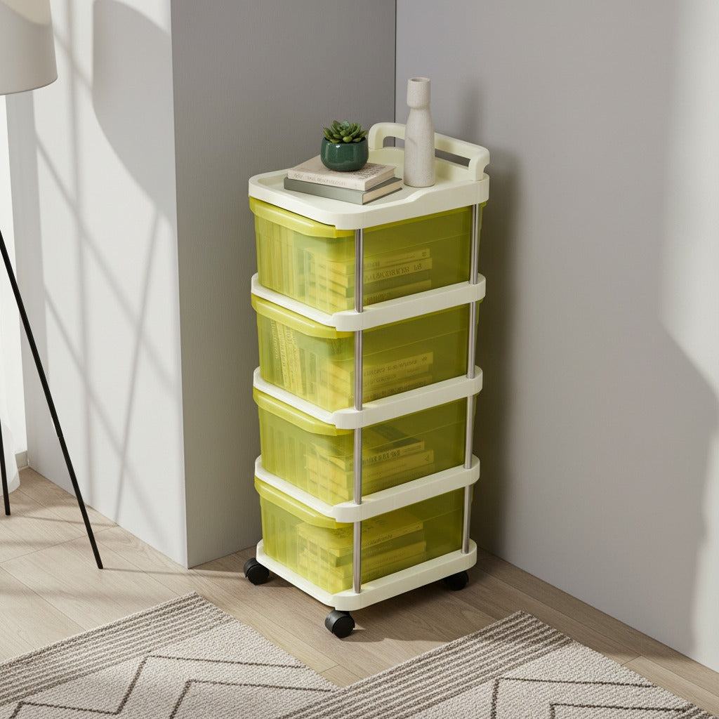 A 4 - Tier Rolling Storage Organizer Rack is Organized with Some Home Essentials.