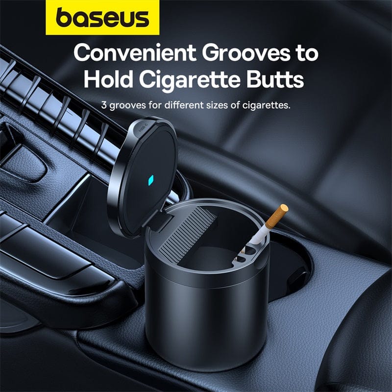 A Baseus Premium 2 Series LED Car Ashtray Placed in a Car.