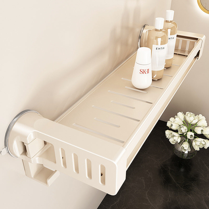 A A Bathroom shelf rack is Attached to the Wall Of Bathroom Area and Organized with Shower Items.