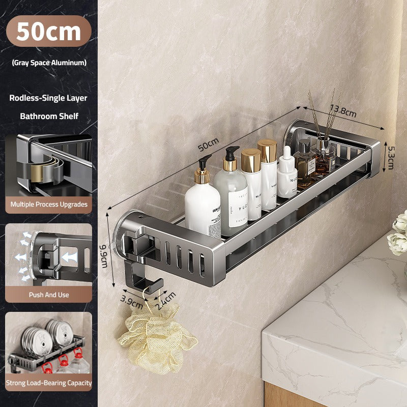 Size Of A Bathroom shelf rack is Attached to the Wall Of Bathroom Area Organized with Shower Items.