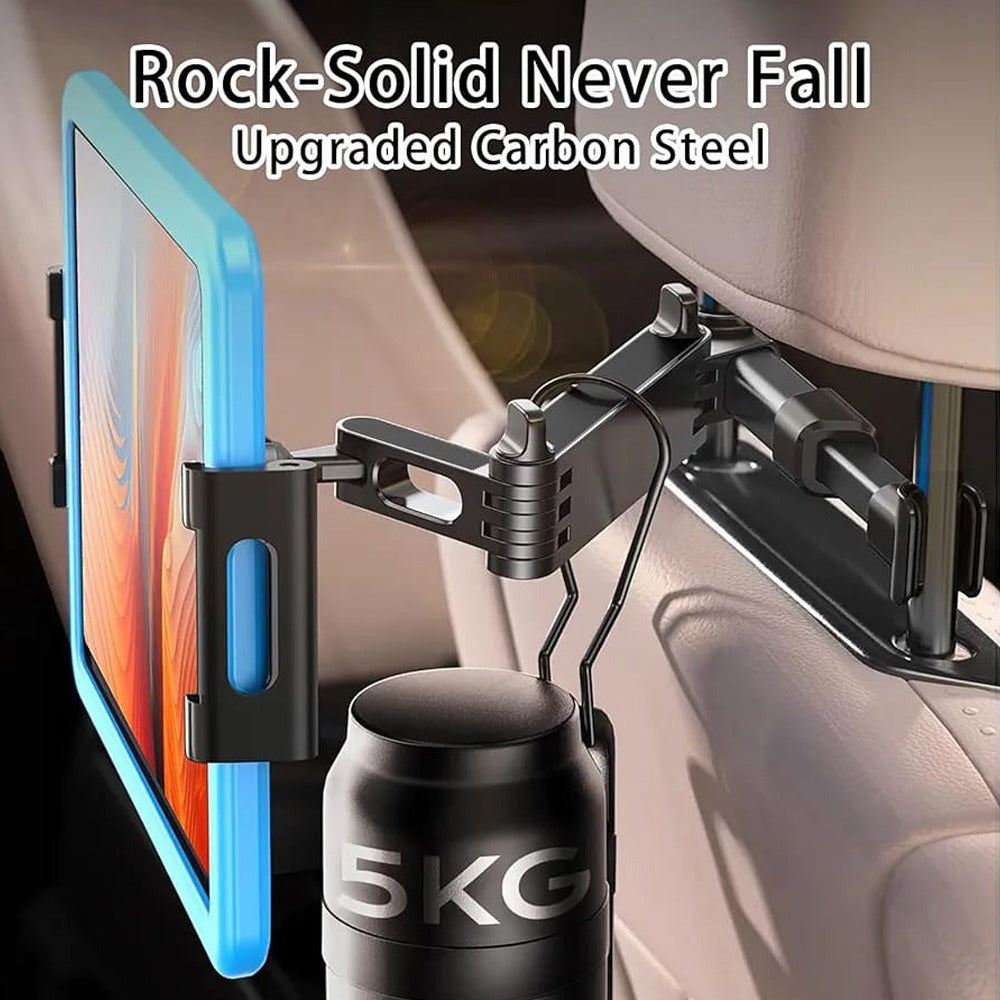 A Car Mobile Phone Tablet Holder Stand is Installed On Car Headrest.