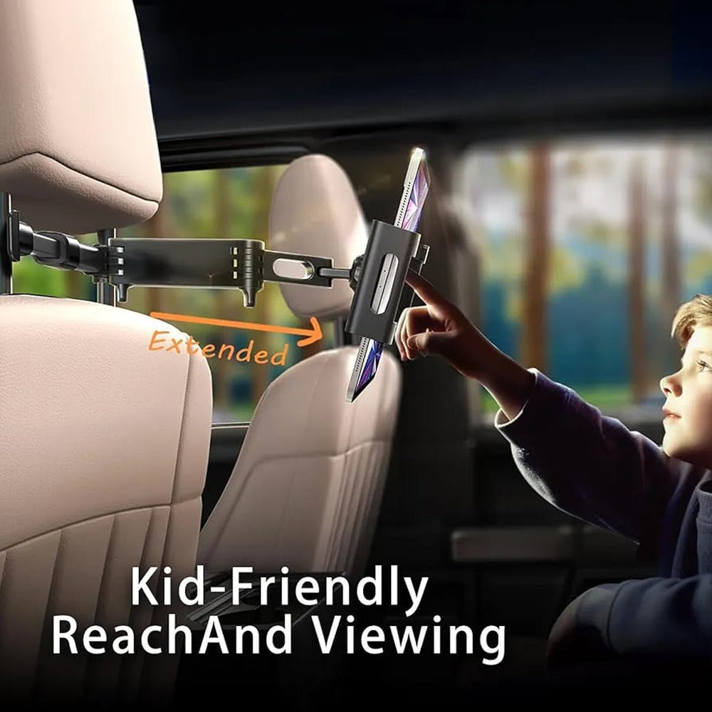 A Child is Watching Tablet Fixed in a Car Headrest Using Car Mobile Phone Tablet Holder Stand.