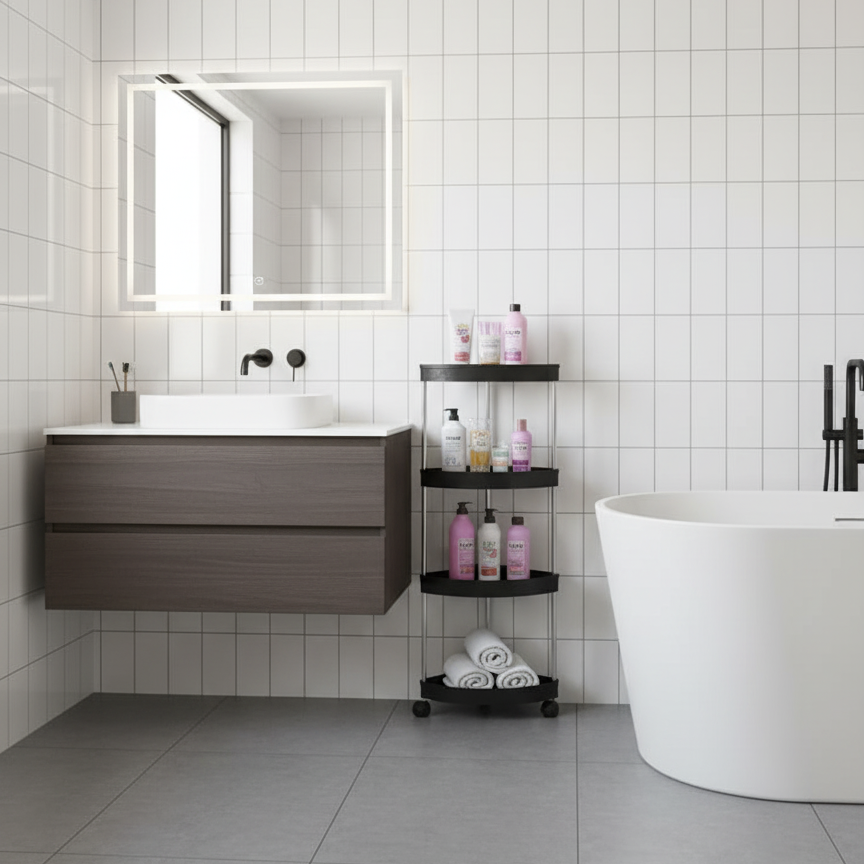 A Corner Storage Rack is Kept at the Corner of Bathroom Organized with Bathroom Essentials.