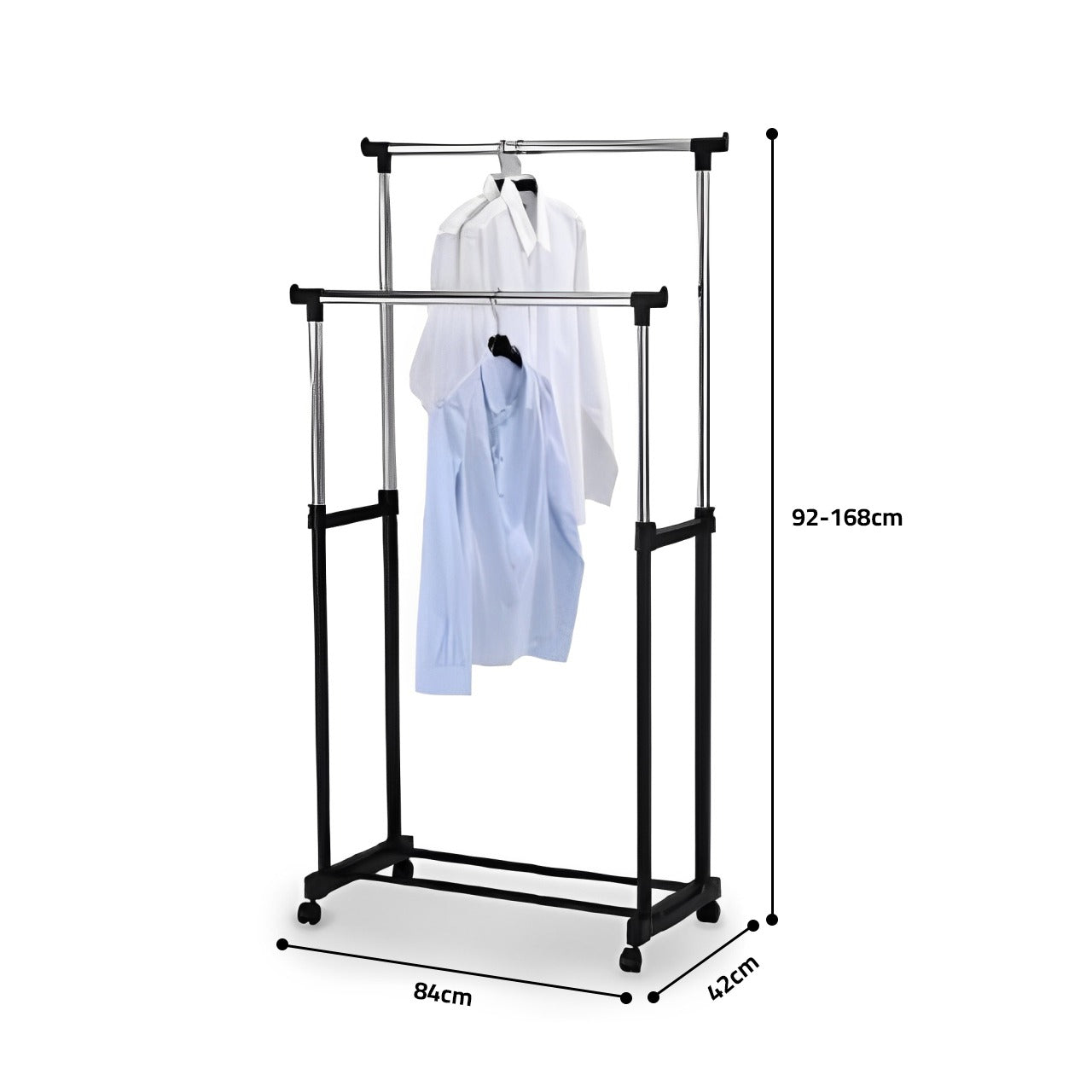Size Of Double Pole Portable Garment Rack is Organized with Clothes.