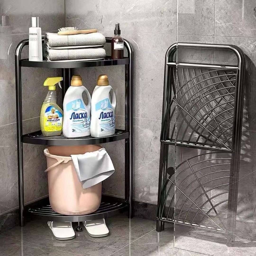 A Foldable Corner Storage Rack is Placed at the Corner Of Bathroom Area and Organized with Bathroom Essentials.