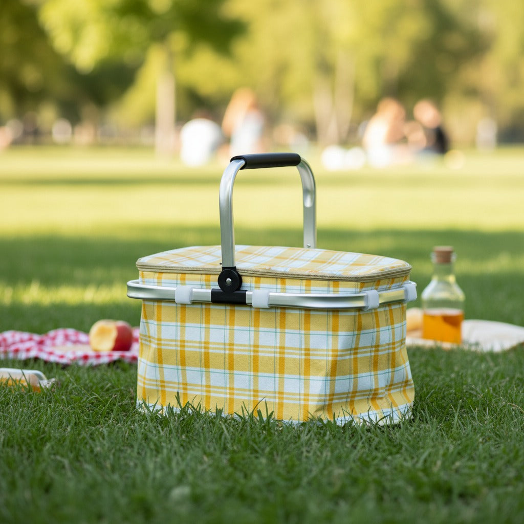 A Foldable Insulated Camping Picnic Basket is Placed in a Picnic Area.